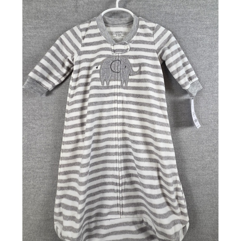 Carters Baby Fleece Sleep Sack Blanket Sleeper 3-6 Mos Gray Stripe Elephant NEW